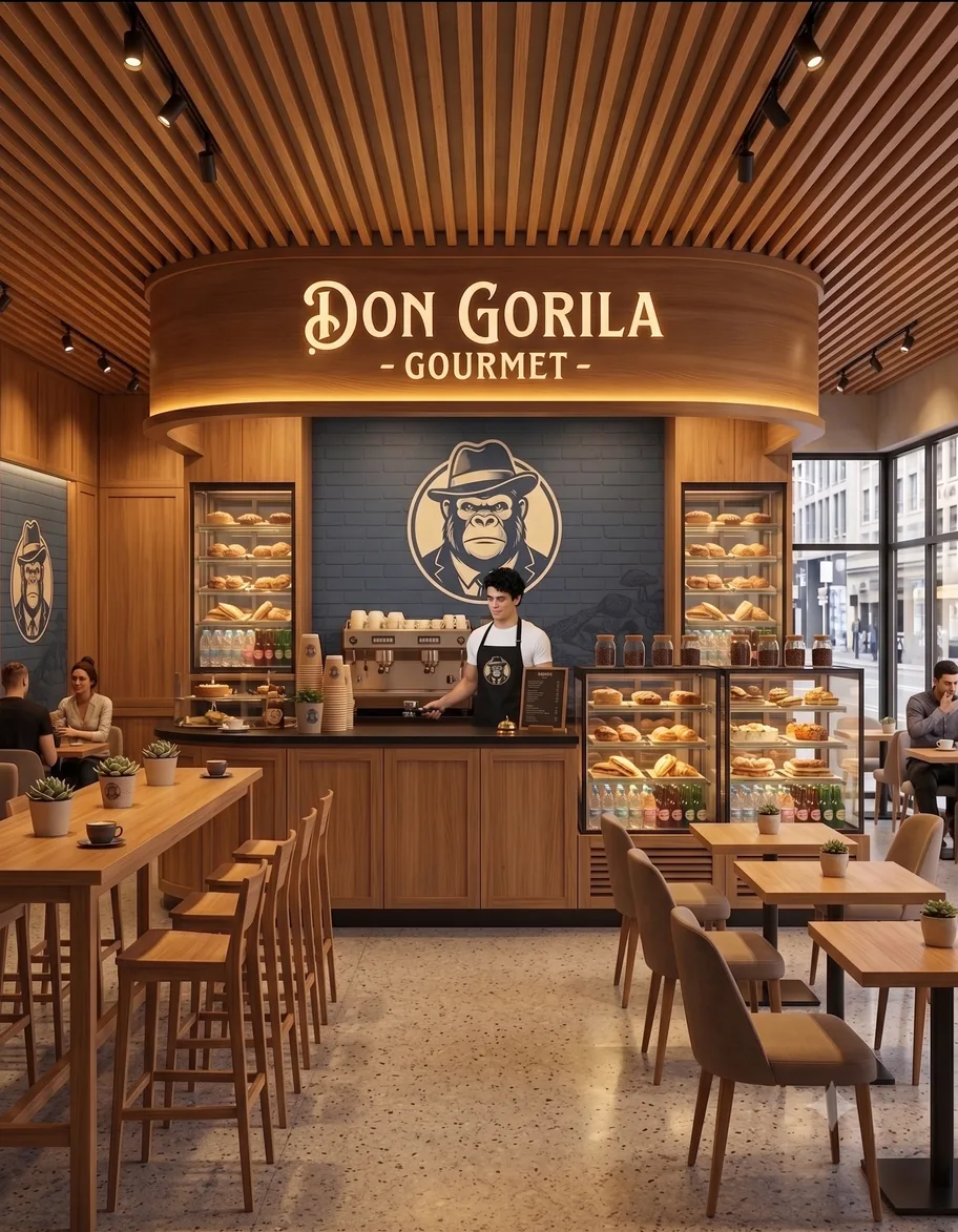 Cafetería estándar Don Gorila con mesas y vitrina